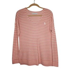 Abercrombie & Fitch Y2K Womens Pink &‎ White Knit Striped V-Neck Sweater Size S